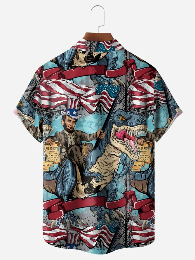 Tall Size Moisture-wicking American Dinosaur President Chest Pocket Casual Shirt
