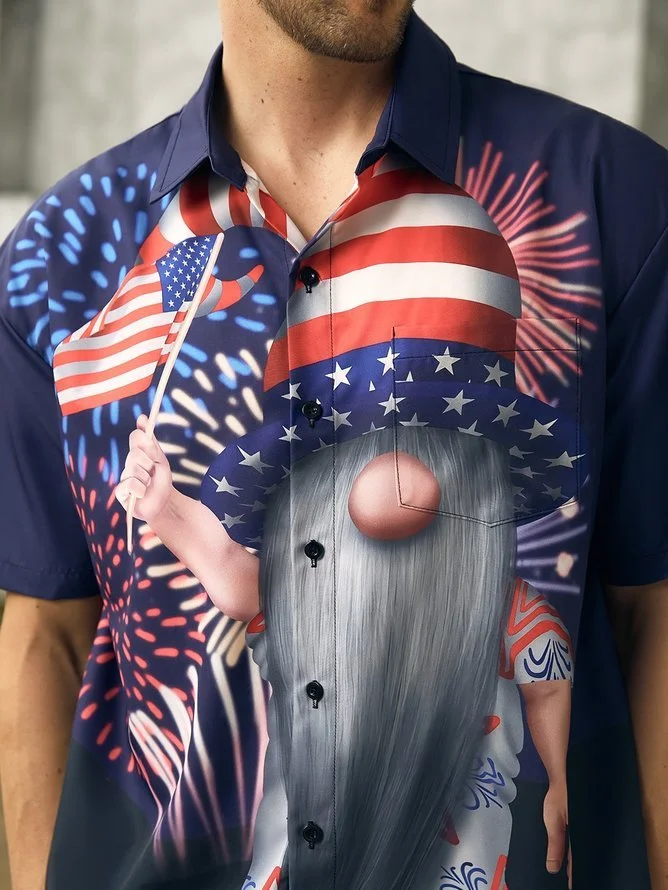 Tall Size Moisture-wicking American Flag Gnome Chest Pocket Casual Shirt