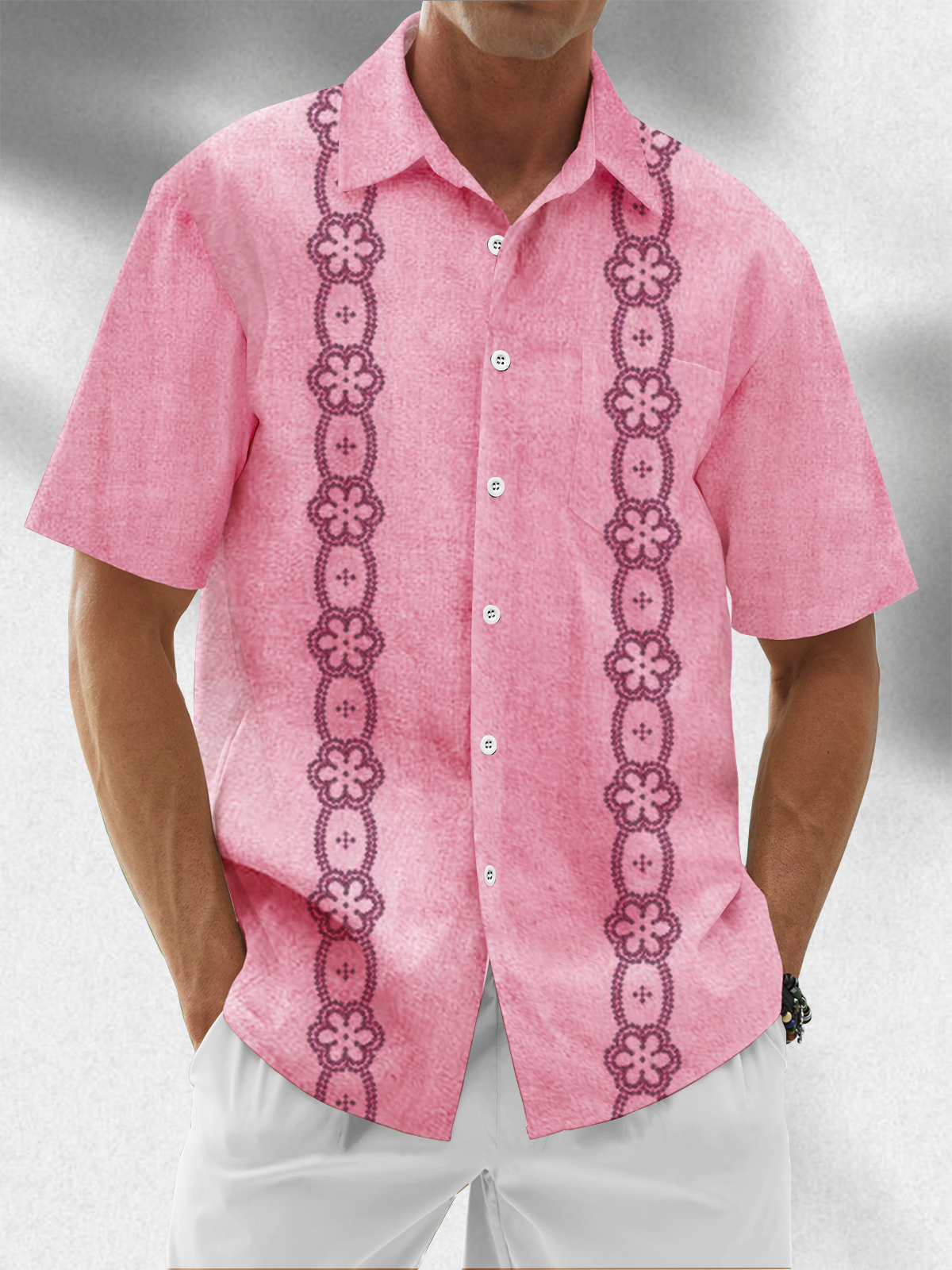 Moisture Wicking Stripes Chest Pocket Casual Guayabera Shirt