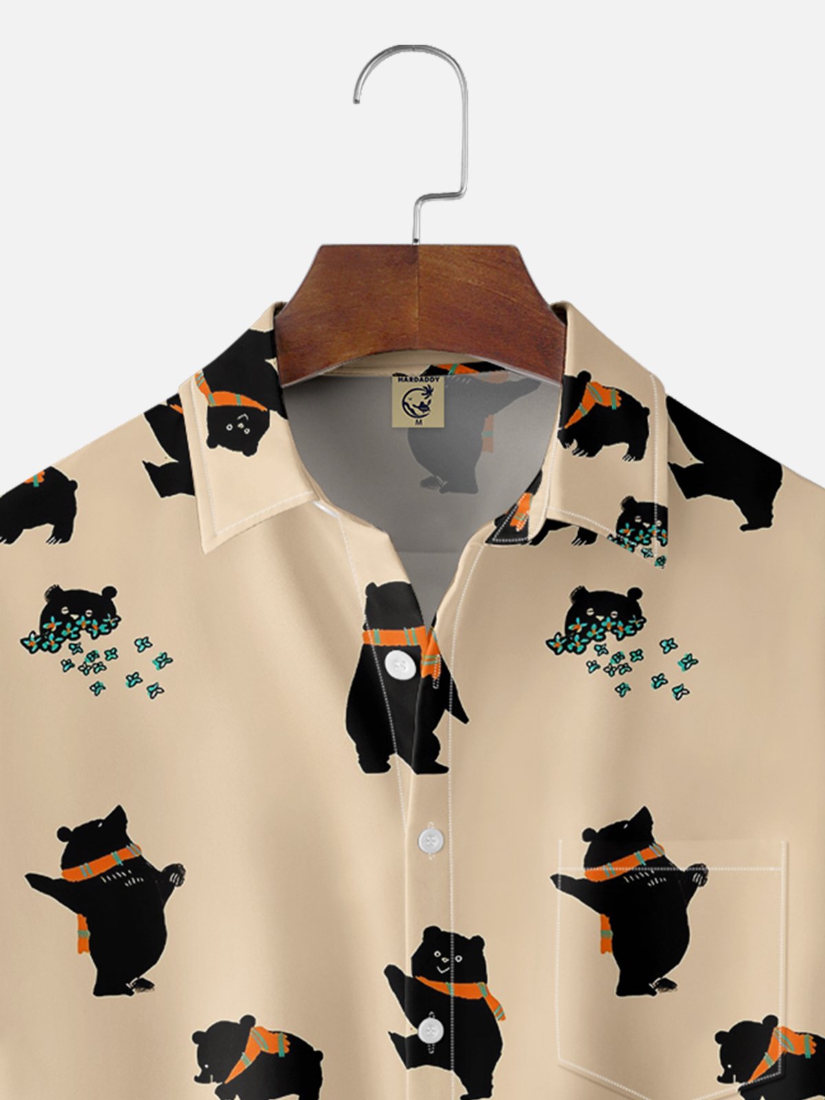 Moisture-wicking Funny Bear Illustration Chest Pocket Casual Shirt