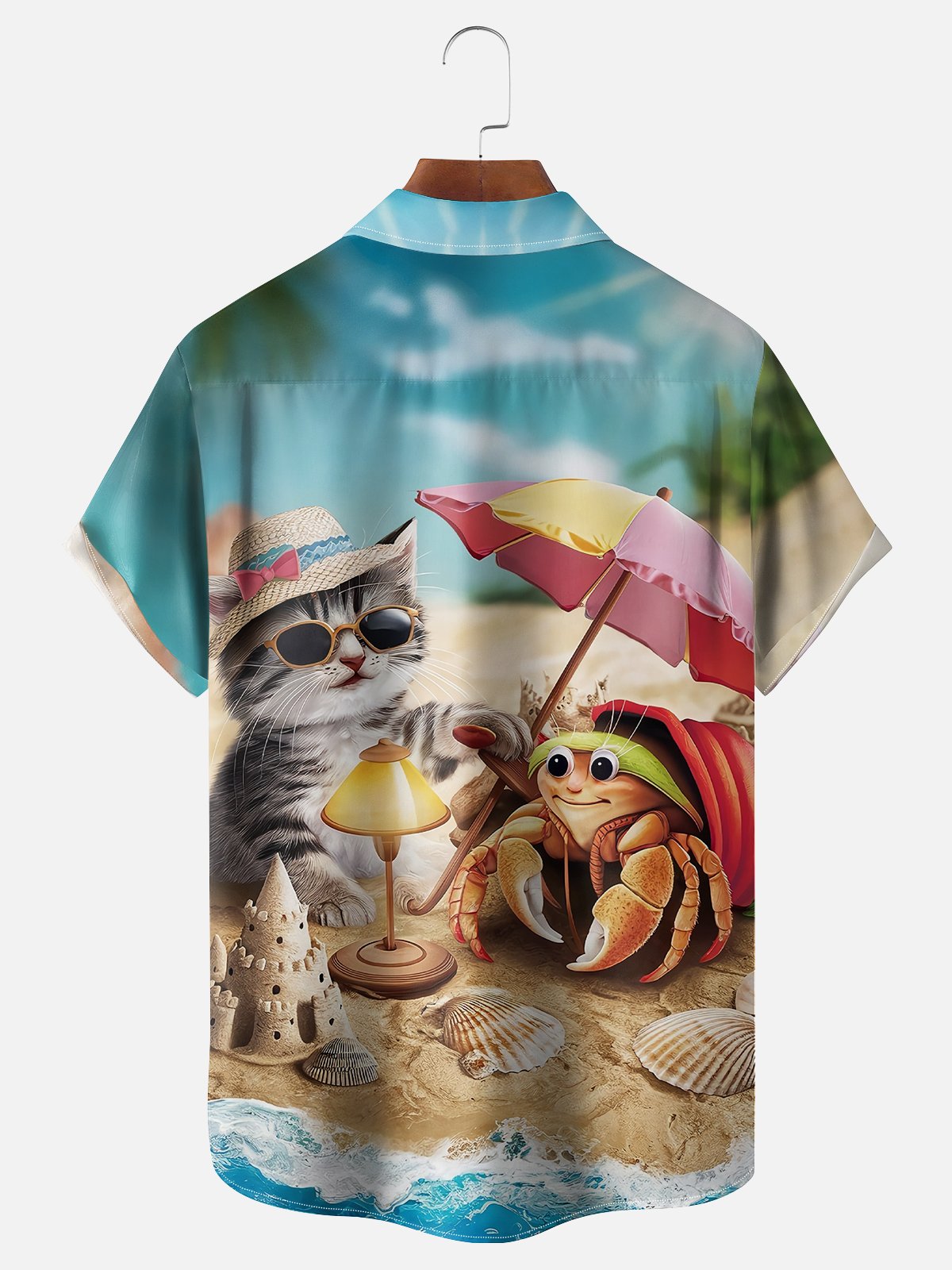 Moisture-wicking Hermit Crab Cat Vacation Beach Fun Chest Pocket Hawaiian Shirt