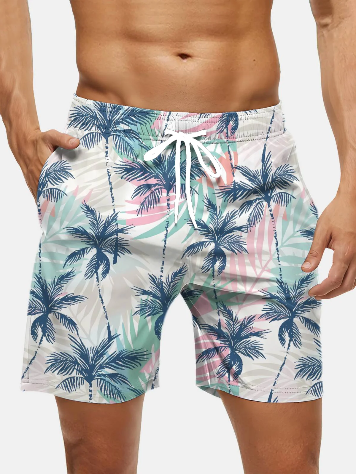 Men's Swim Trunks Hawaiian Tropical Palm Tree Beach Shorts with Pockets