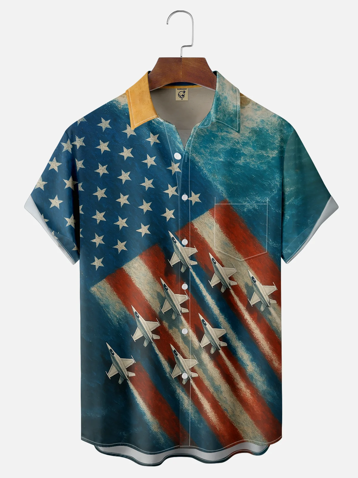 Moisture-wicking American Flag Funny Landscape Beach Stars and Stripes Chest Pocket Casual Shirt