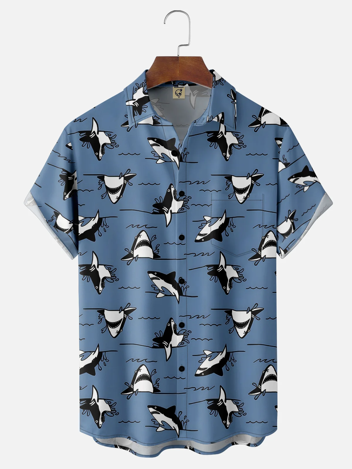 Moisture-wicking Ocean Shark Art Chest Pocket Hawaiian Shirt
