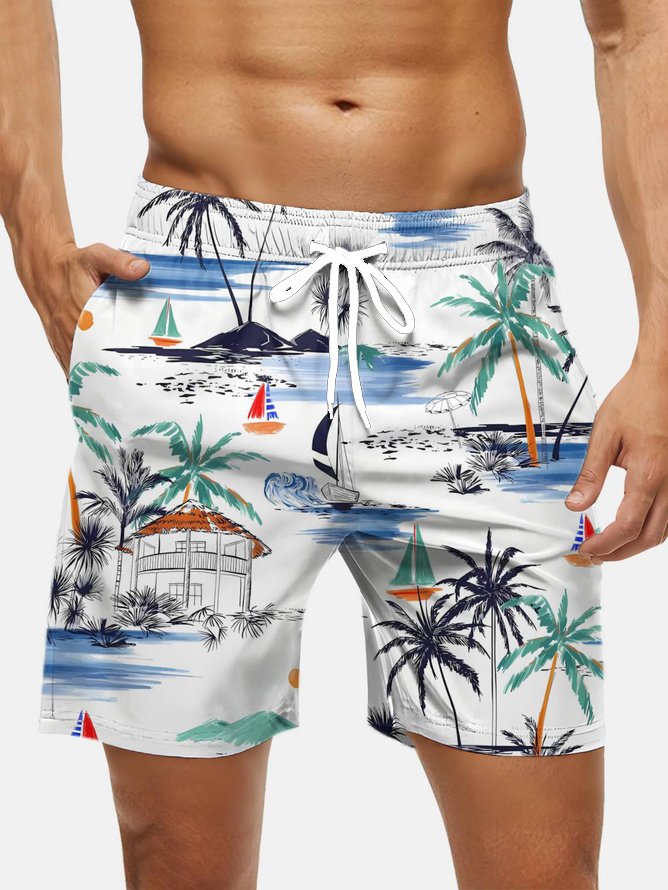 Men's Swim Trunks Hawaiian Tropical Palm Tree Beach Shorts with Pockets