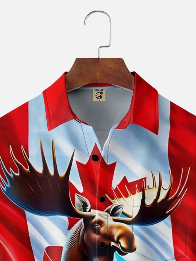 Tall Size Moisture-wicking Canada Day Reindeer Chest Pocket Hawaiian Shirt