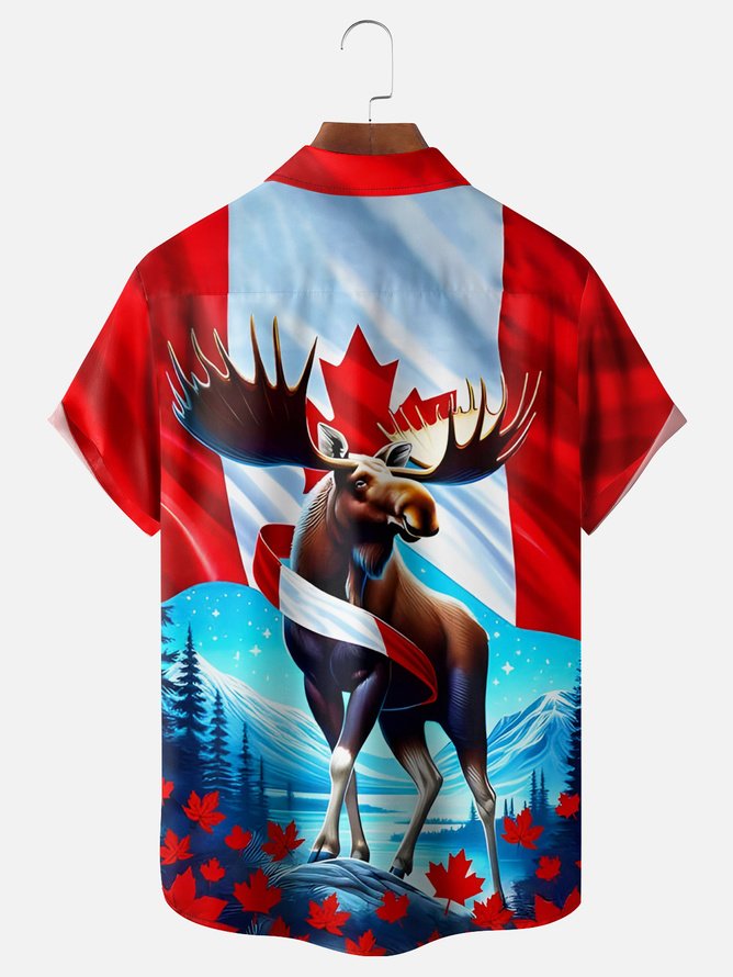 Tall Size Moisture-wicking Canada Day Reindeer Chest Pocket Hawaiian Shirt