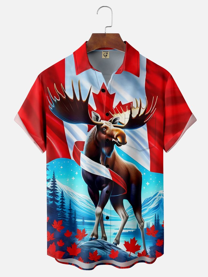 Tall Size Moisture-wicking Canada Day Reindeer Chest Pocket Hawaiian Shirt