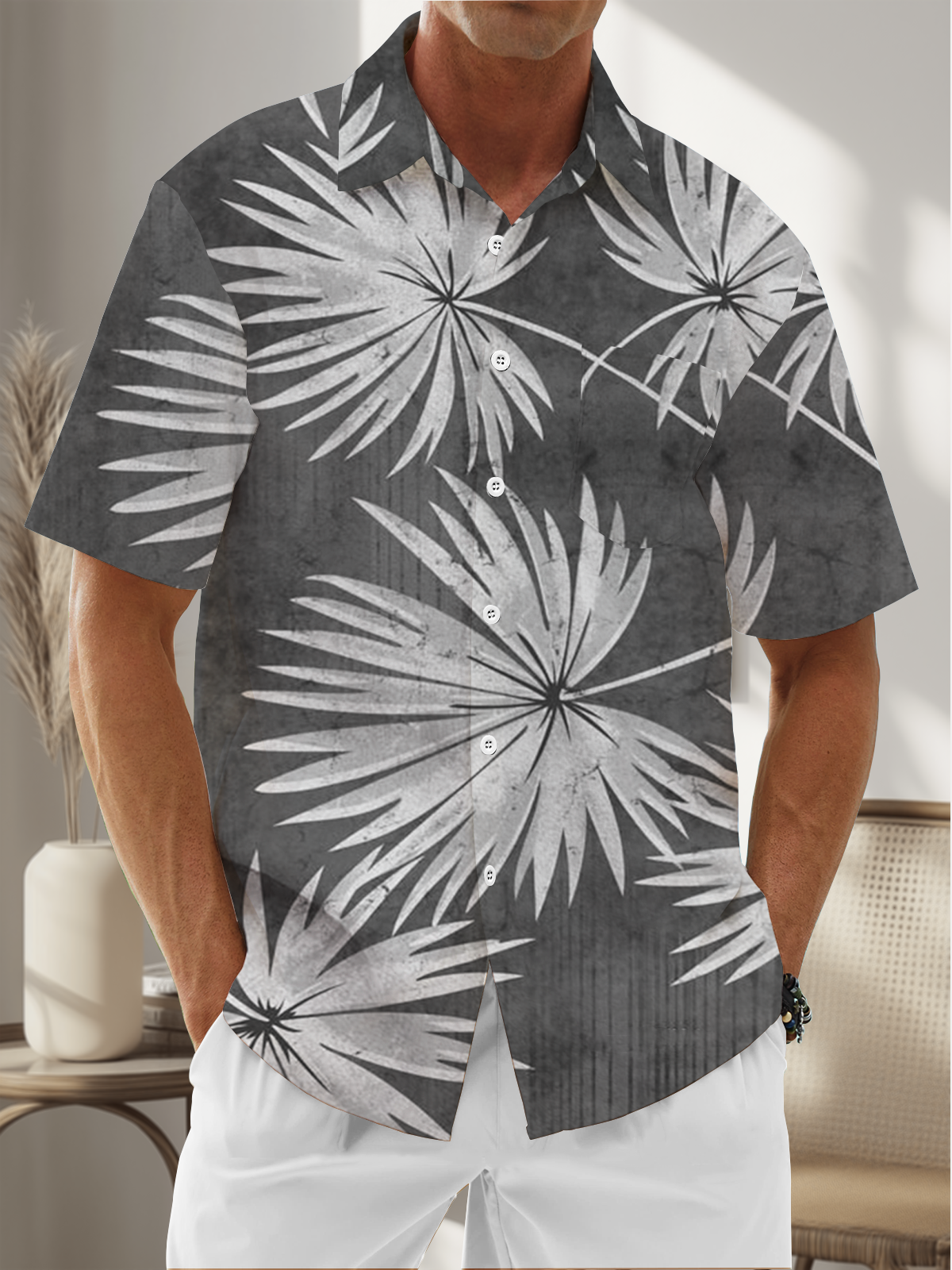 Moisture Wicking Plants Chest Pocket Hawaiian Shirt