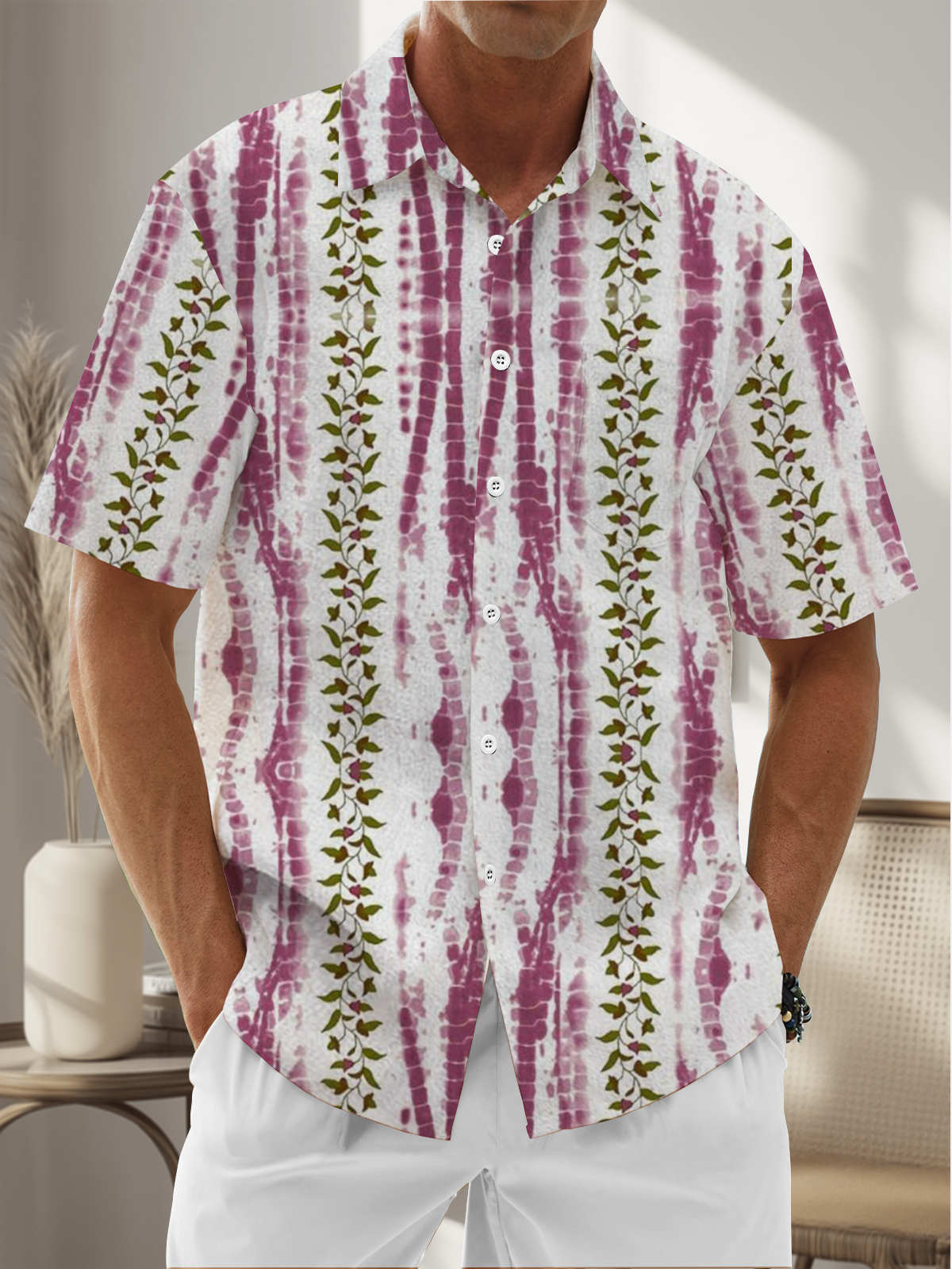 Moisture Wicking Gradient Stripes Floral Chest Pocket Hawaiian Shirt