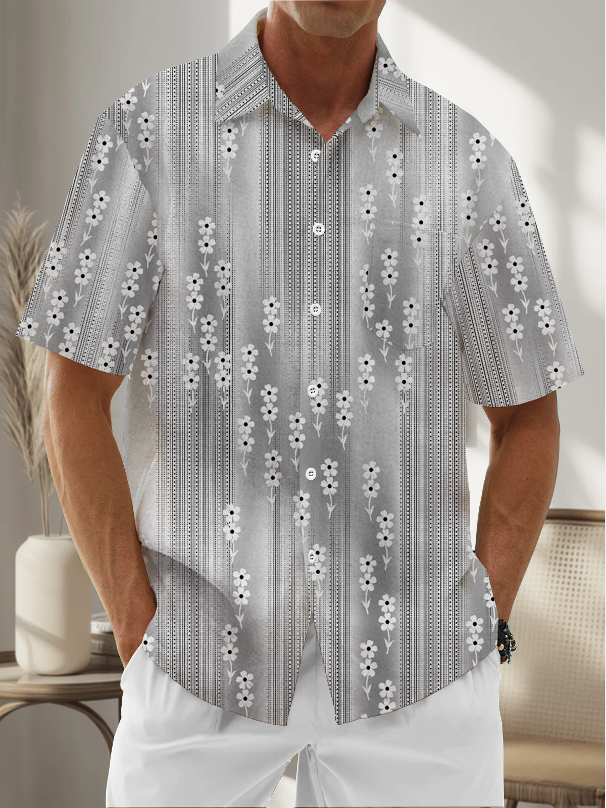 Moisture Wicking Stripes Botanicals Chest Pocket Hawaiian Shirt