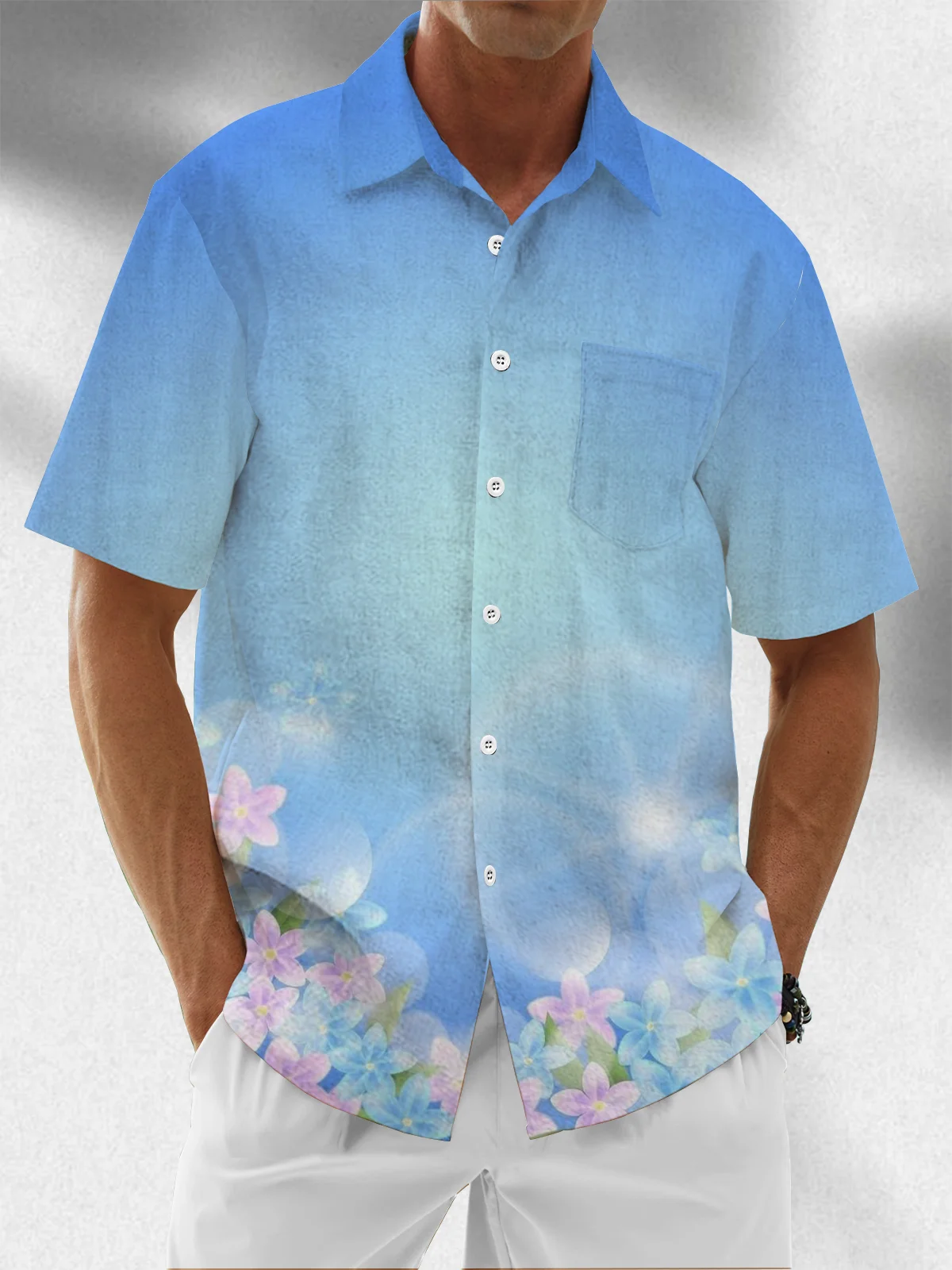 Moisture Wicking Gradient Floral Chest Pocket Hawaiian Shirt
