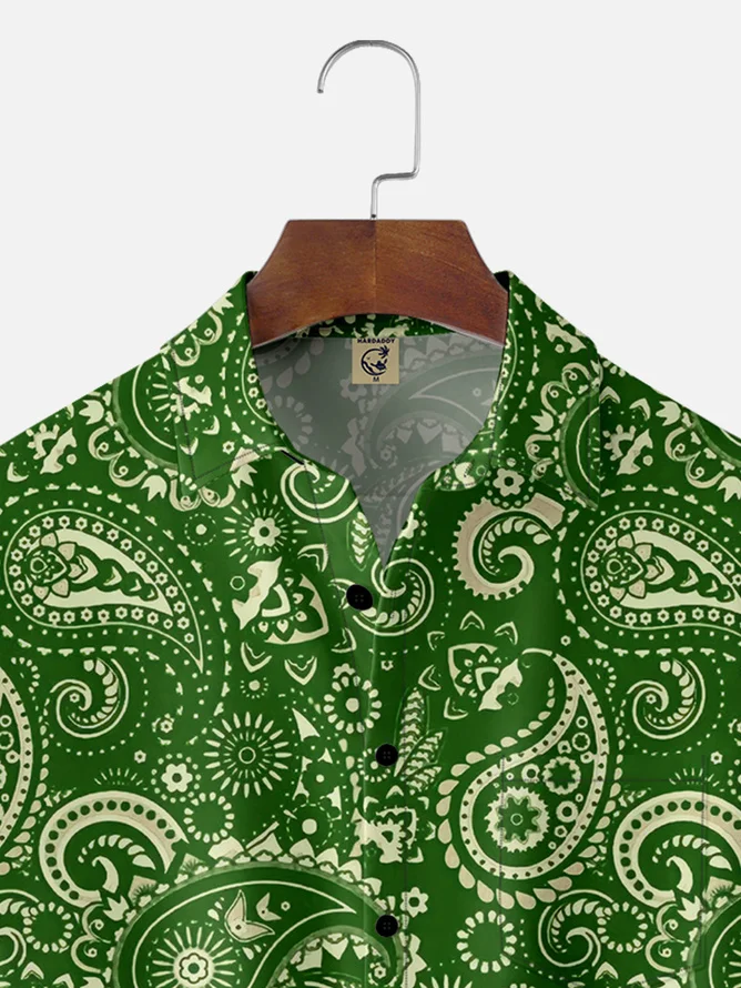 Tall Size Moisture-wicking Paisley Floral Chest Pocket Casual Shirt