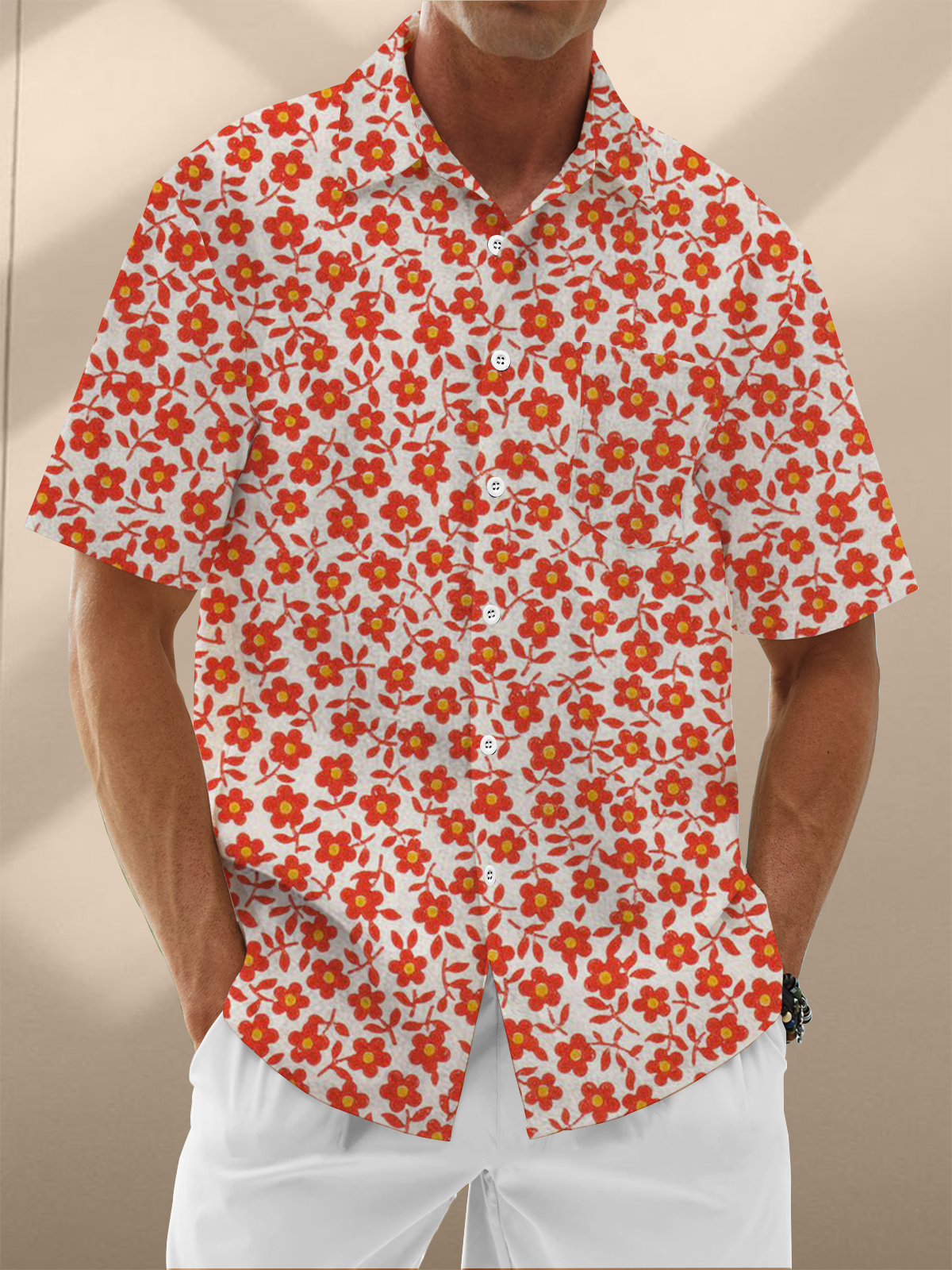 Moisture Wicking Plants Flowers Chest Pocket Hawaiian Shirt