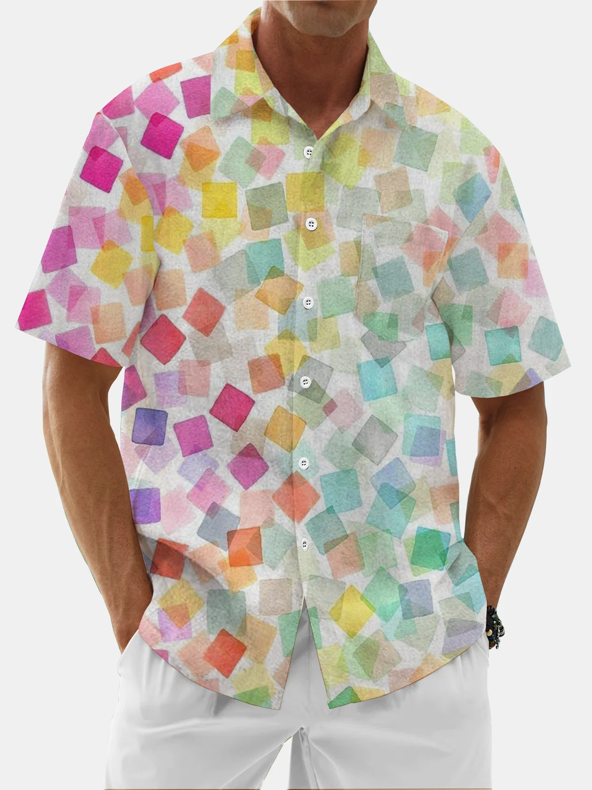 Moisture Wicking Geometric Color Block Chest Pocket Hawaiian Shirt