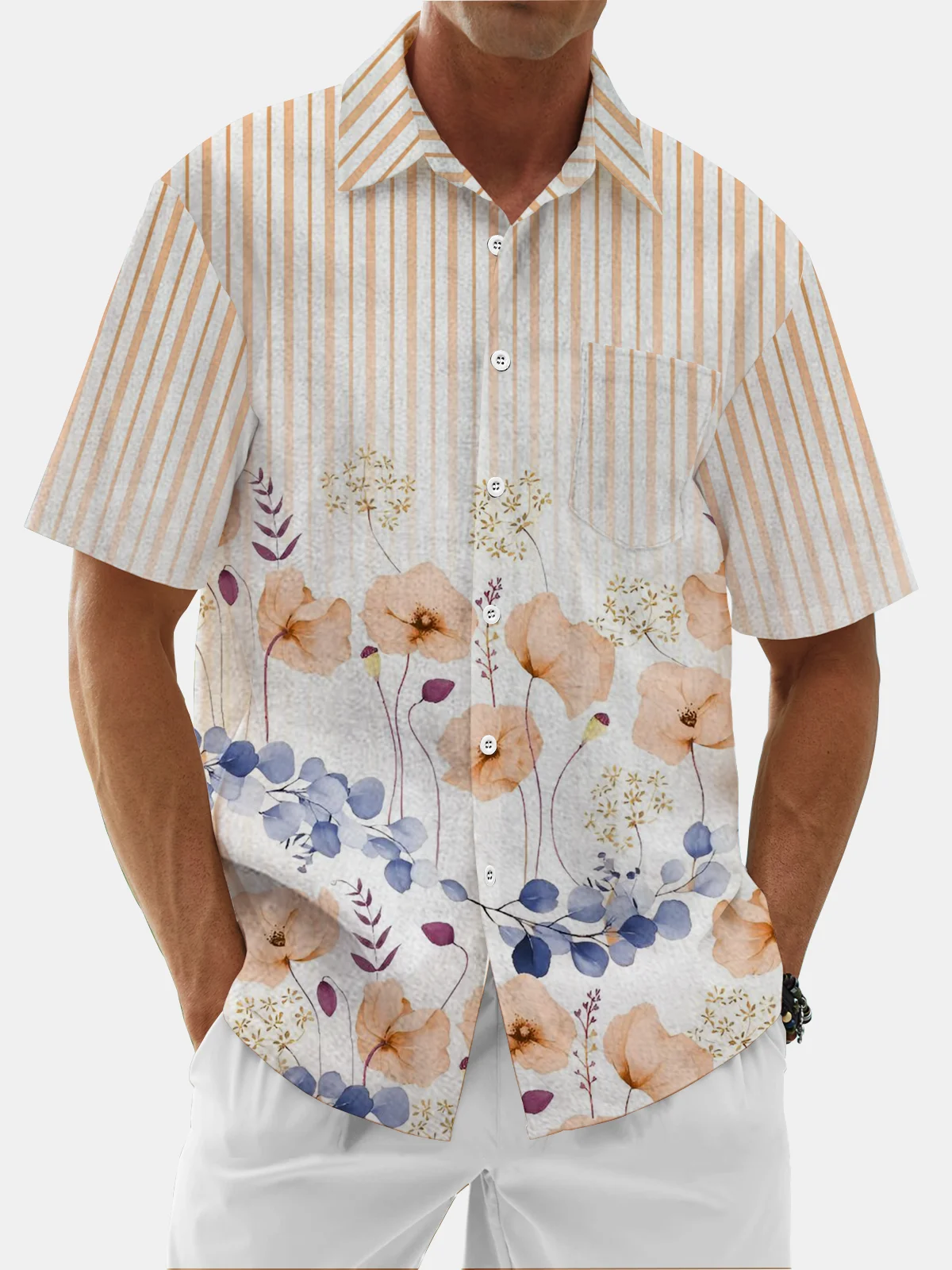 Moisture Wicking Stripes Floral Floral Chest Pocket Hawaiian Shirt
