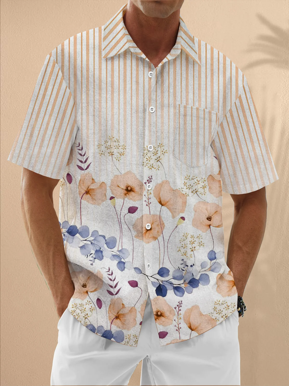 Moisture Wicking Stripes Floral Floral Chest Pocket Hawaiian Shirt