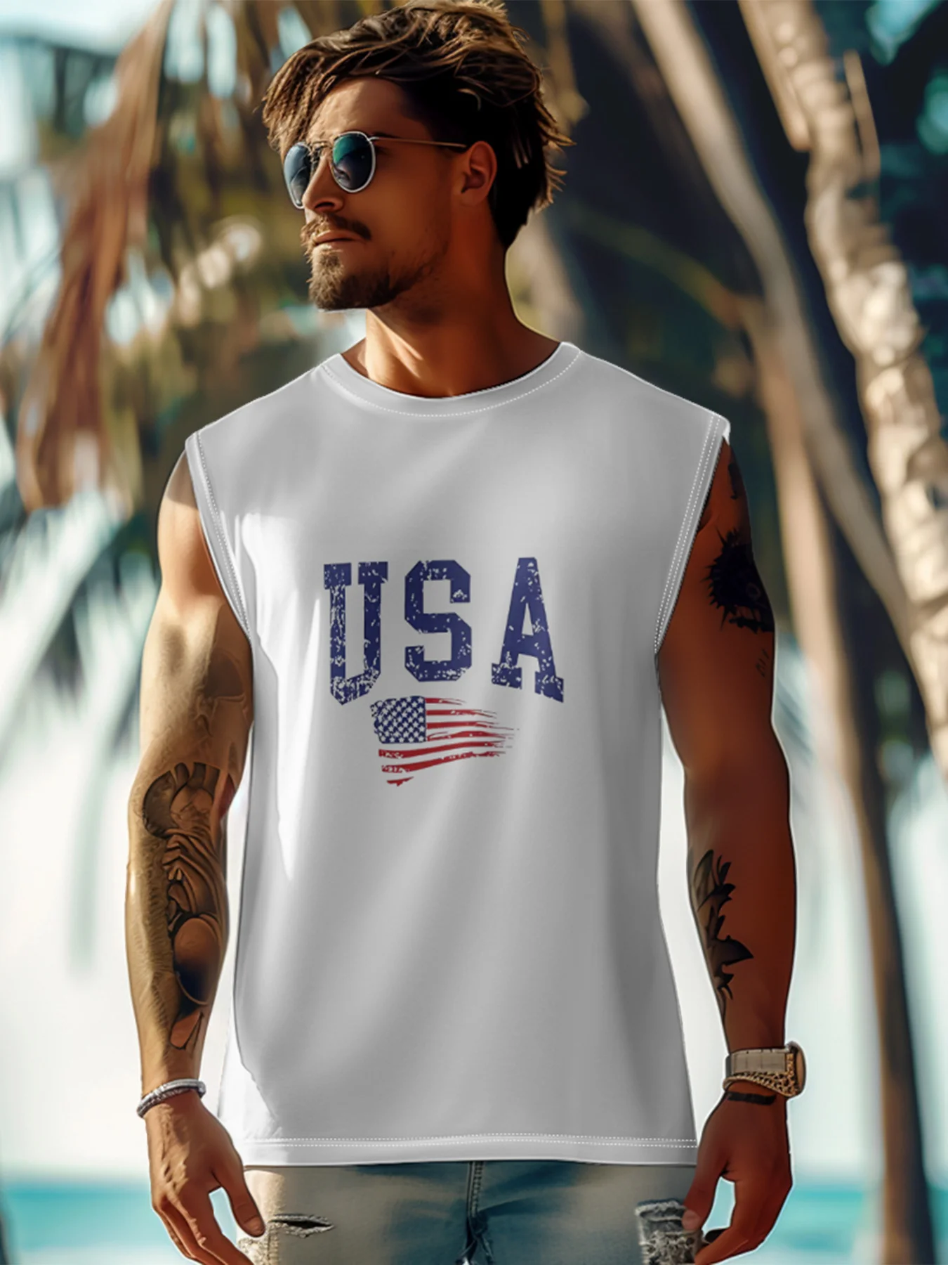 Mens Crewneck Tank Tops American Flag USA Beach Sleeveless Shirt