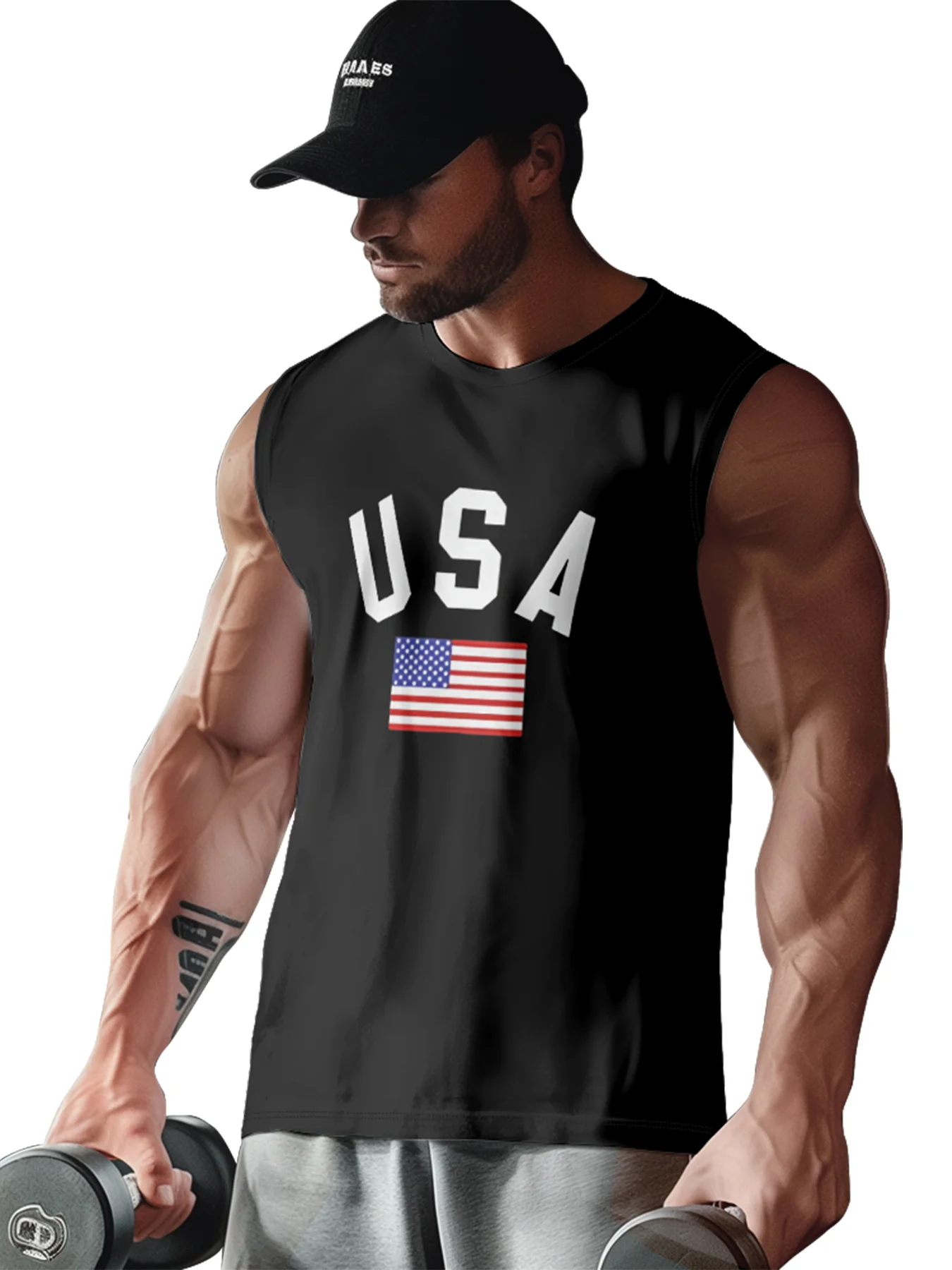 Mens Crewneck Tank Tops American Flag USA Beach Sleeveless Shirt