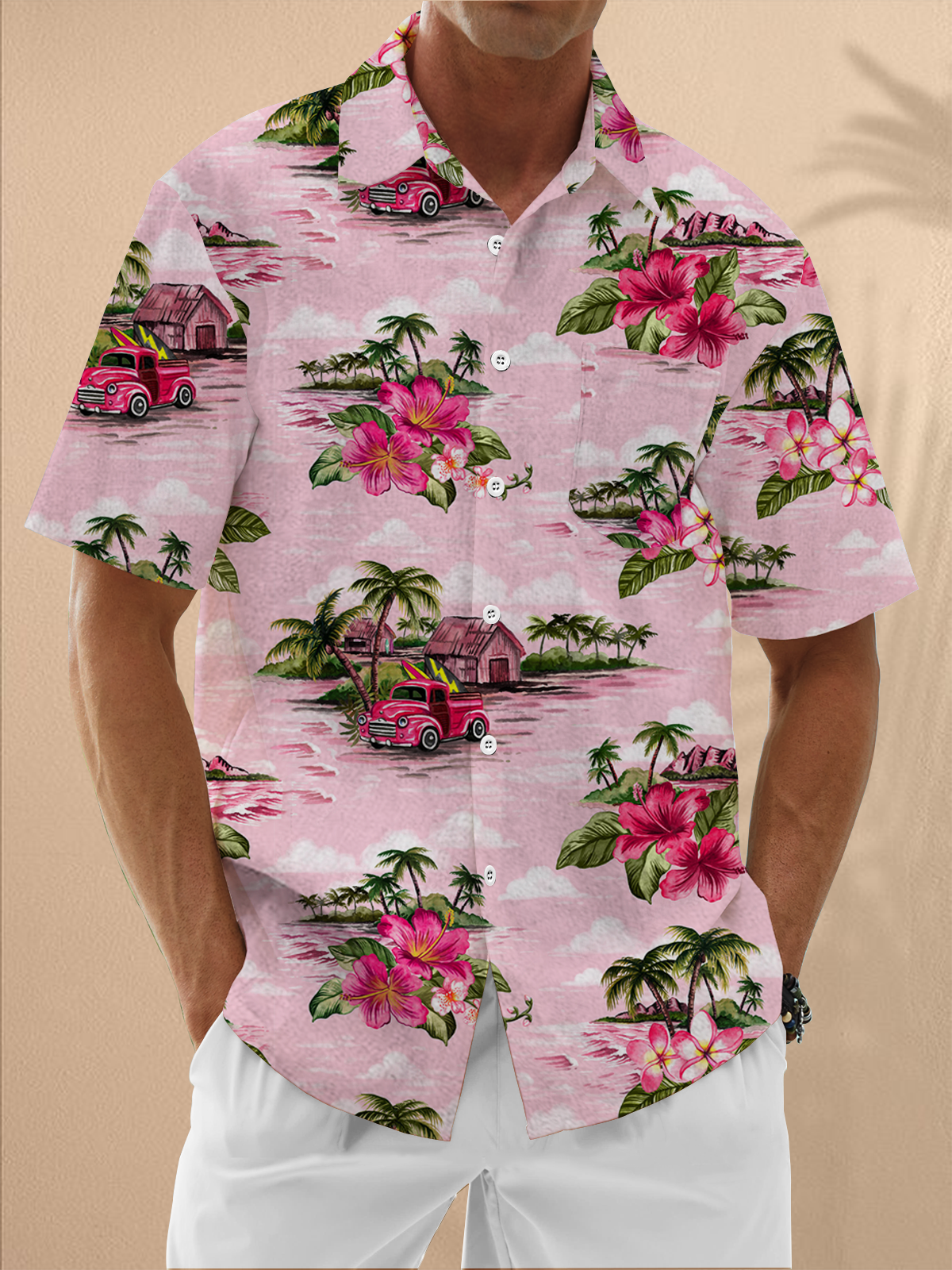 Moisture Wicking Plants Flowers Vintage Cars Chest Pockets Hawaiian Shirt