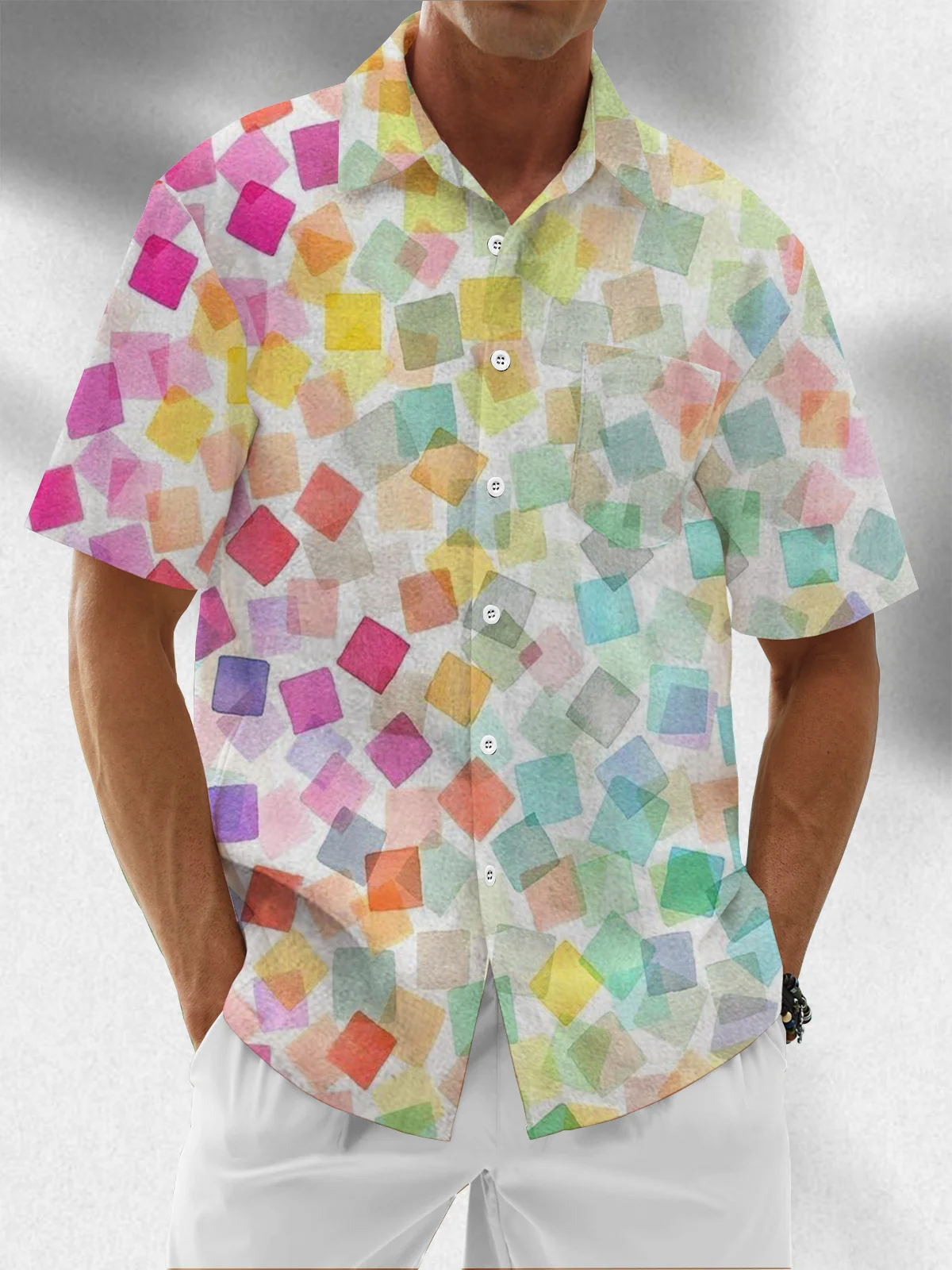 Moisture Wicking Geometric Color Block Chest Pocket Hawaiian Shirt