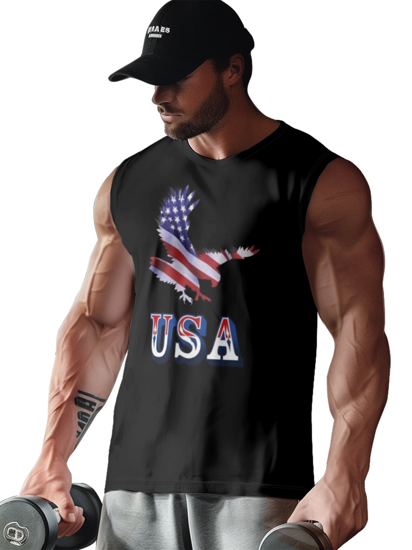 Mens Crewneck Tank Tops American Flag USA Beach Sleeveless Shirt