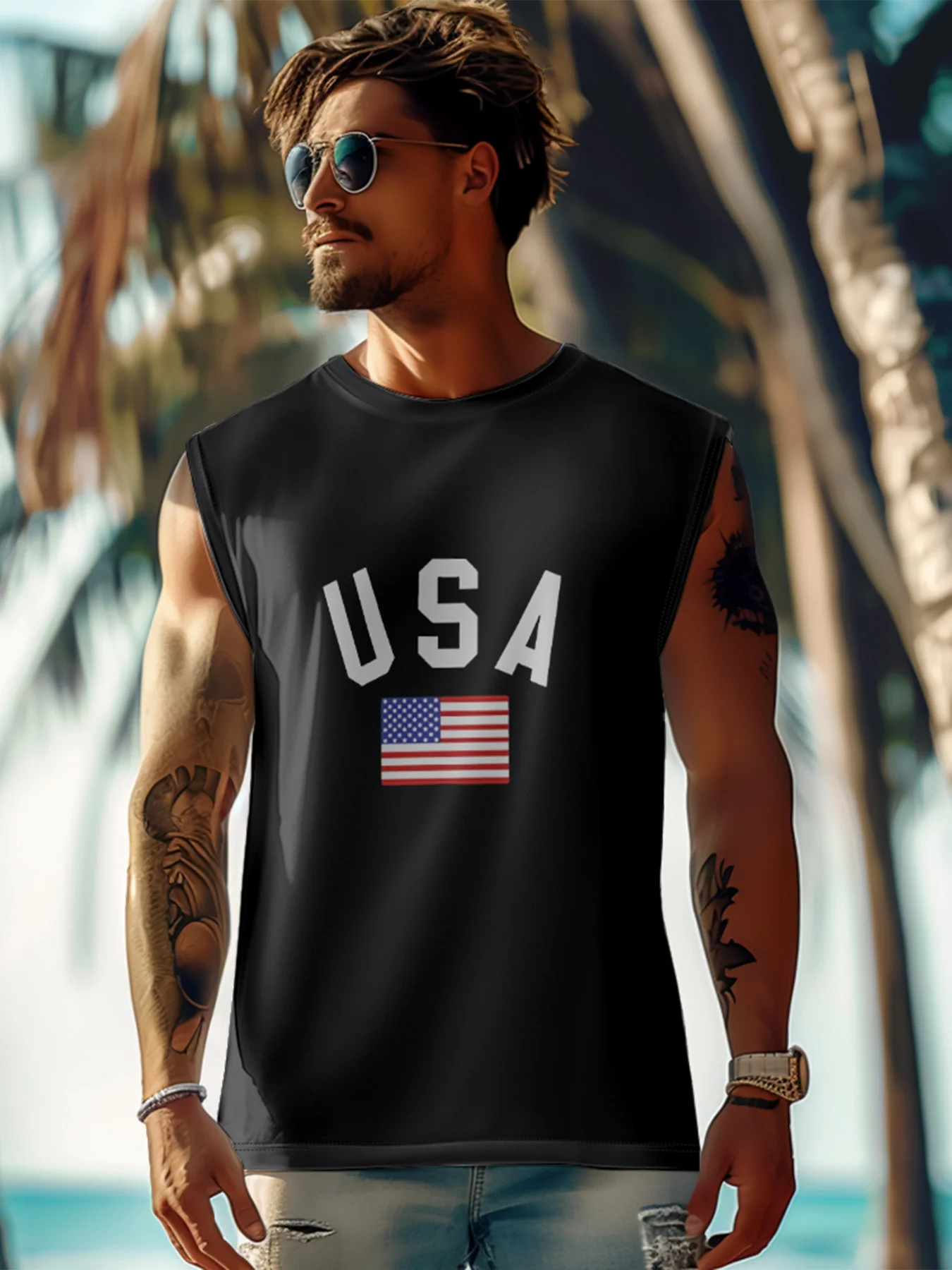 Mens Crewneck Tank Tops American Flag USA Beach Sleeveless Shirt
