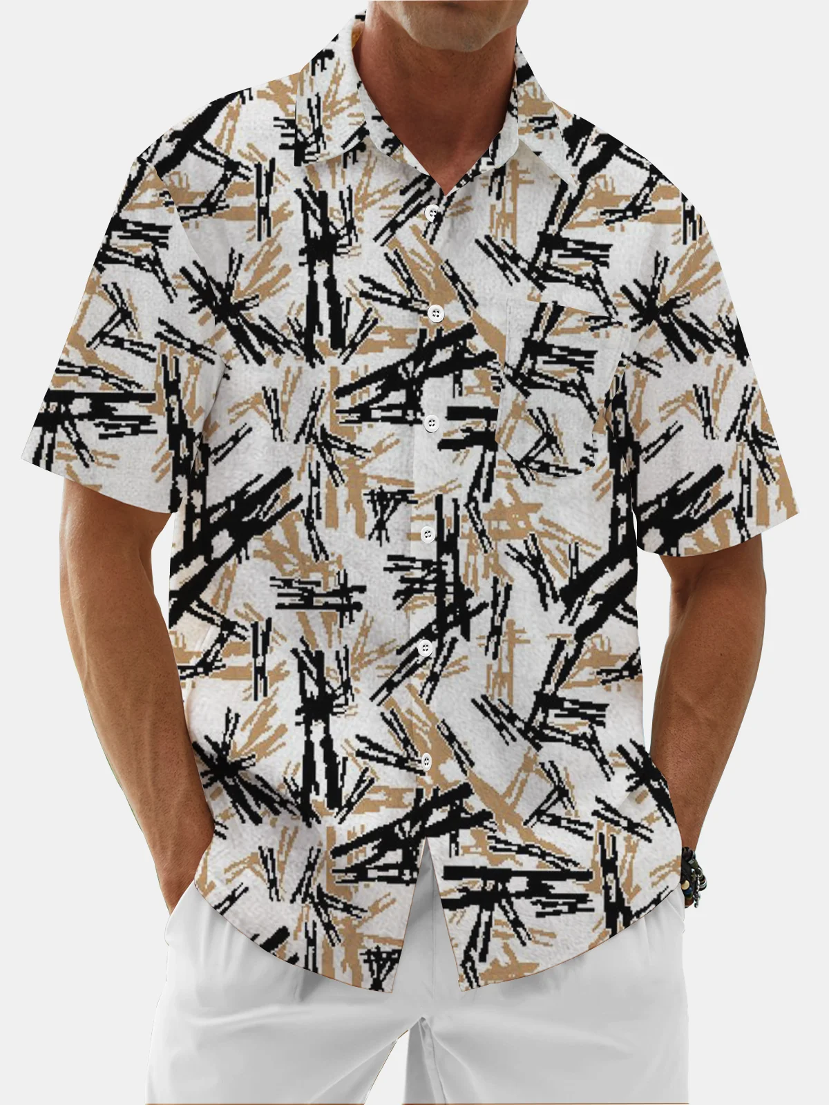 Moisture Wicking Geometric Lines Chest Pocket Hawaiian Shirt