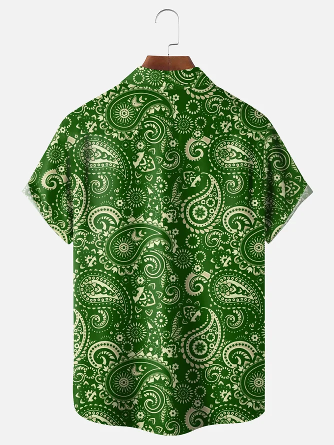 Tall Size Moisture-wicking Paisley Floral Chest Pocket Casual Shirt