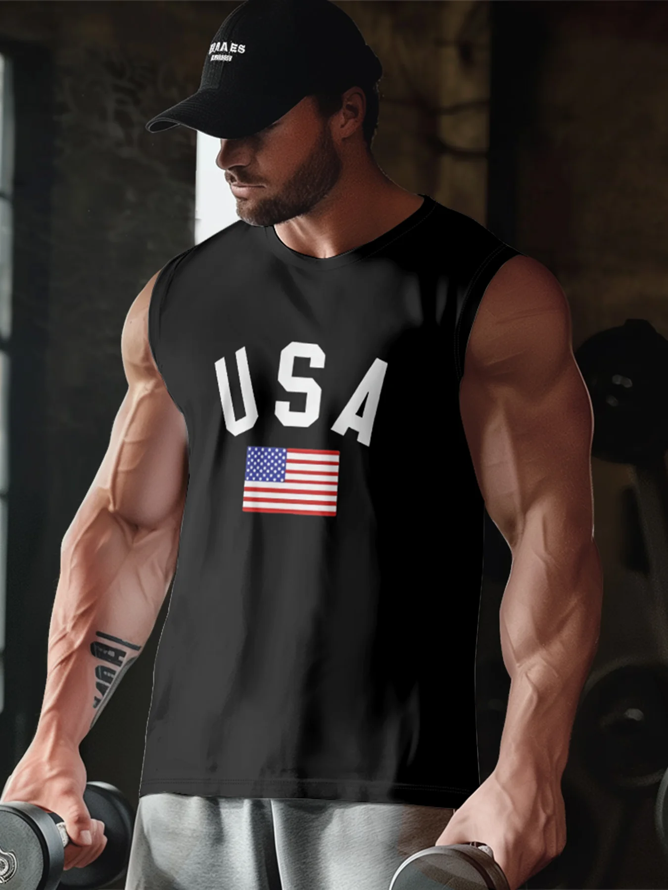 Mens Crewneck Tank Tops American Flag USA Beach Sleeveless Shirt