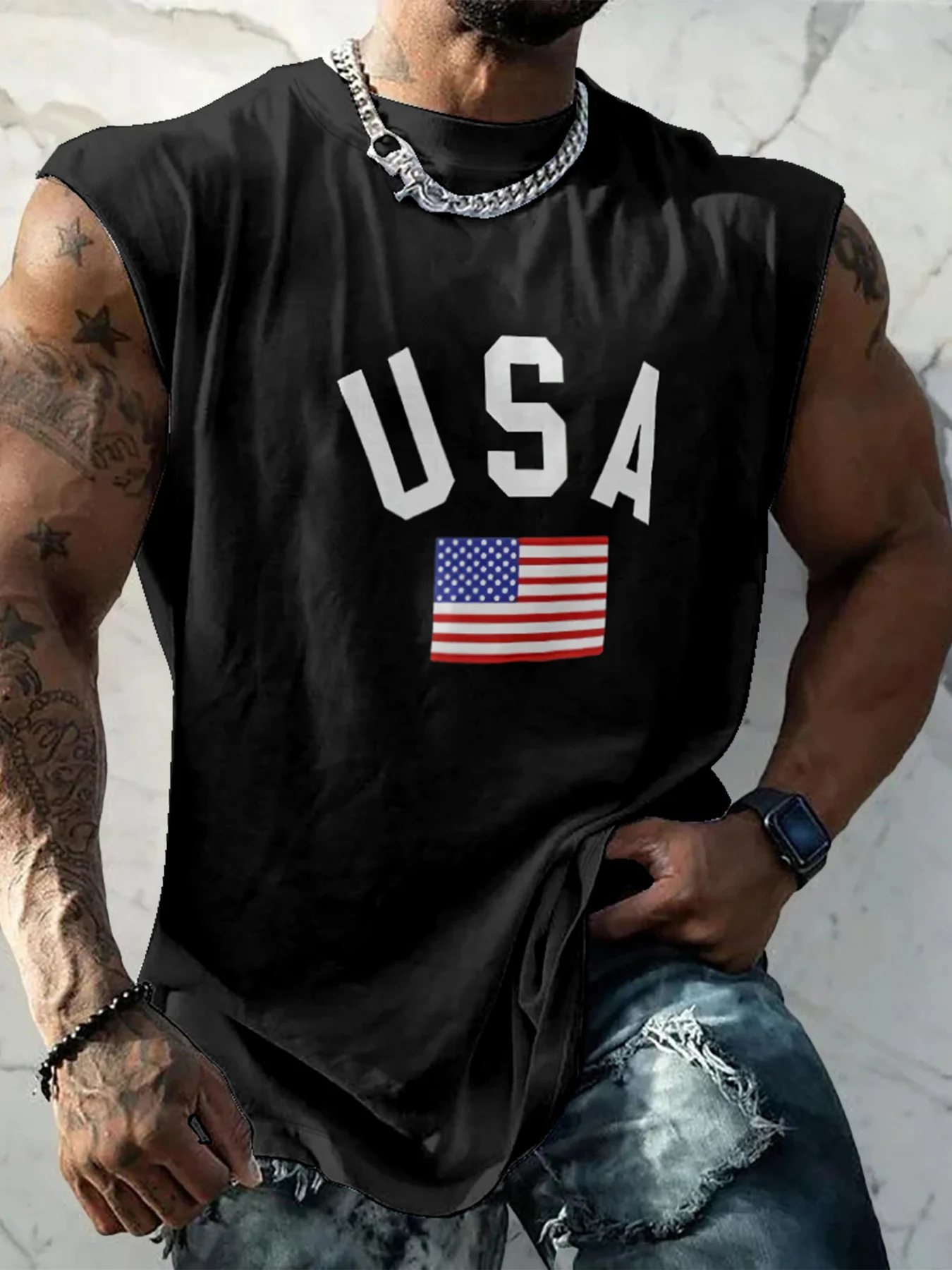 Mens Crewneck Tank Tops American Flag USA Beach Sleeveless Shirt