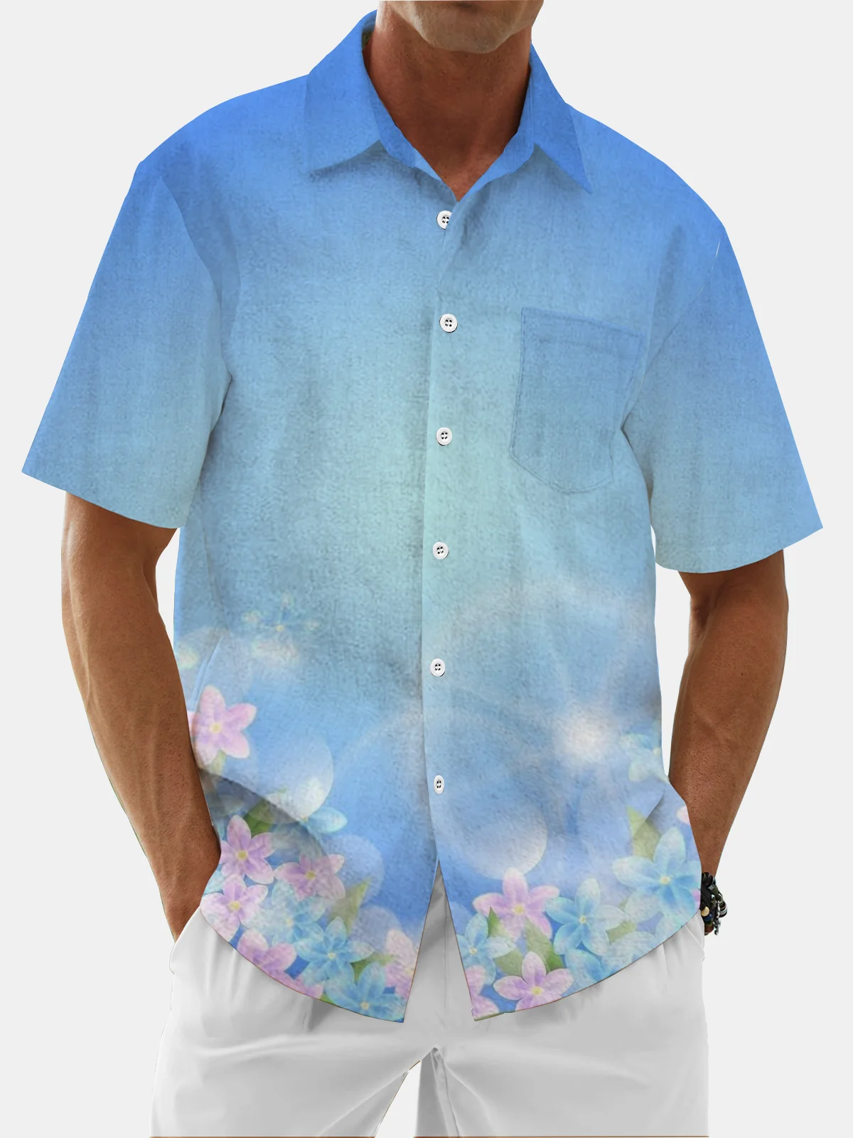 Moisture Wicking Gradient Floral Chest Pocket Hawaiian Shirt