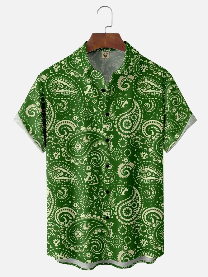 Tall Size Moisture-wicking Paisley Floral Chest Pocket Casual Shirt