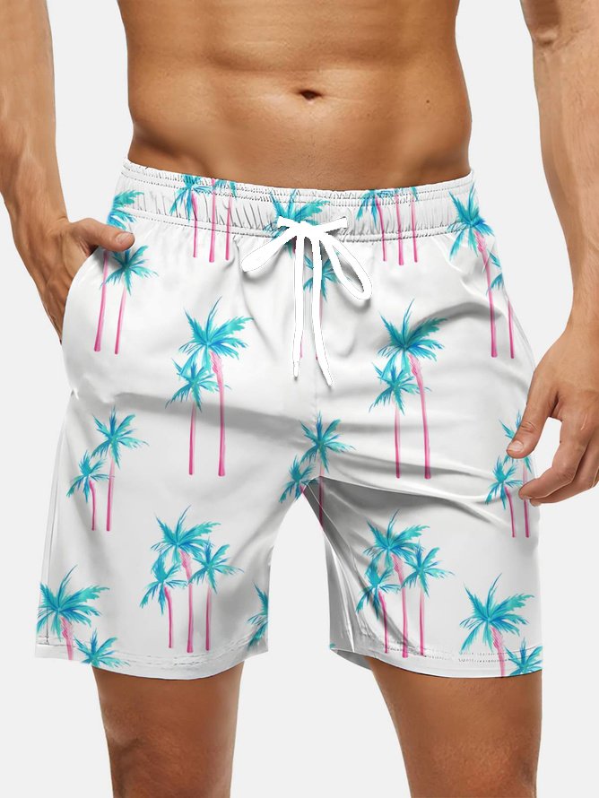 Men's Swim Trunks Hawaiian Tropical Palm Tree Beach Shorts with Pockets