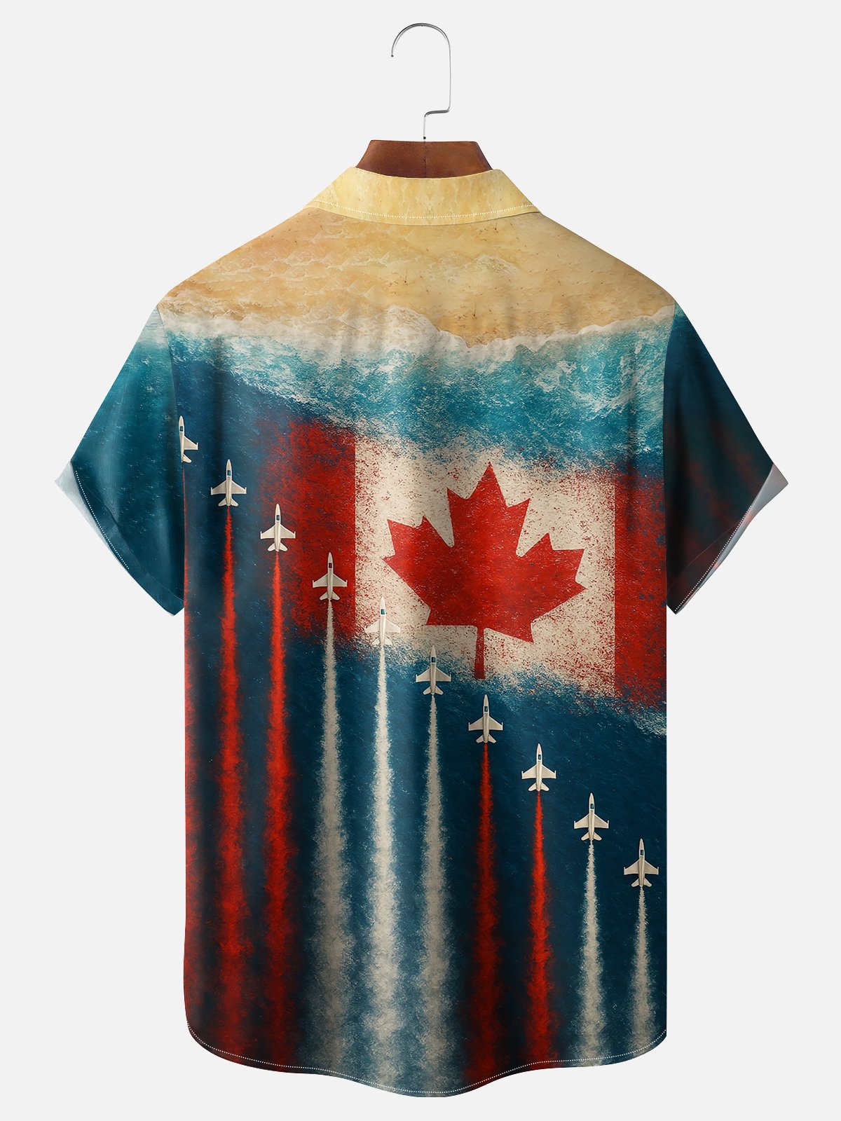 Moisture-wicking Canadian Flag Beach Airplane Art Chest Pocket Casual Shirt