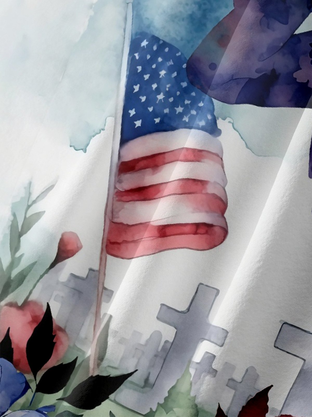 Moisture-wicking Memorial Day American Flag Cross Flowers Chest Pocket Casual Shirt
