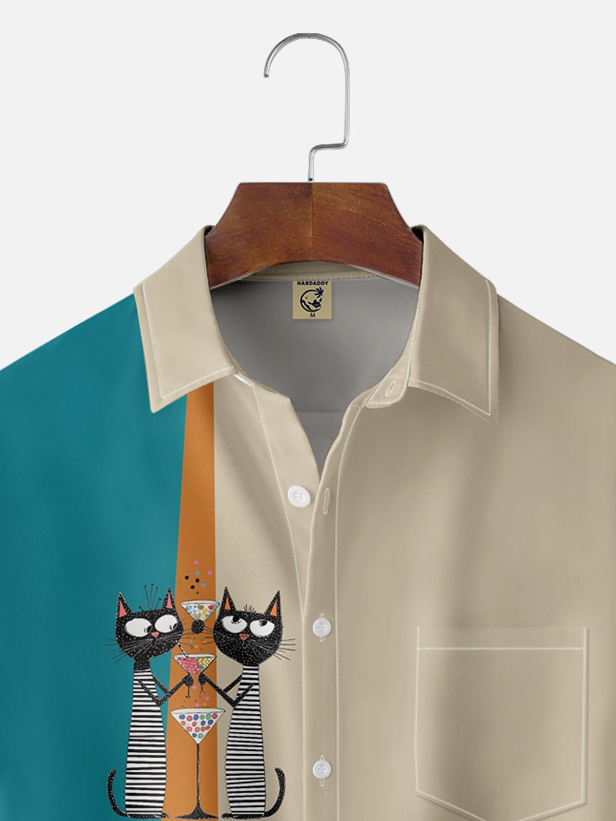 Moisture-wicking Mid-century Geomatric Cats Chest Pocket Casual Shirt