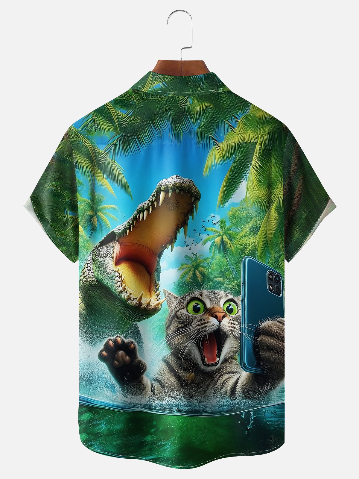 Moisture-wicking Cat Alligator Selfie Chest Pocket Hawaiian Shirt
