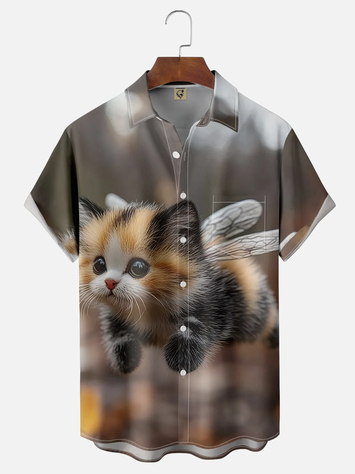 Moisture-wicking Bee Cat Fun Chest Pocket Hawaiian Shirt