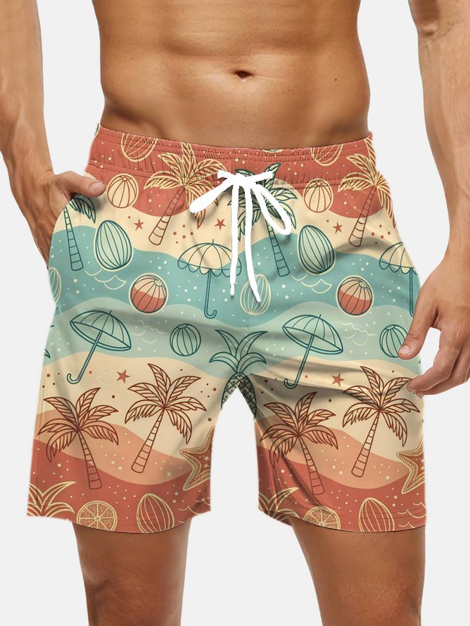 Men's Swim Trunks Hawaiian Tropical Palm Tree Beach Shorts with Pockets