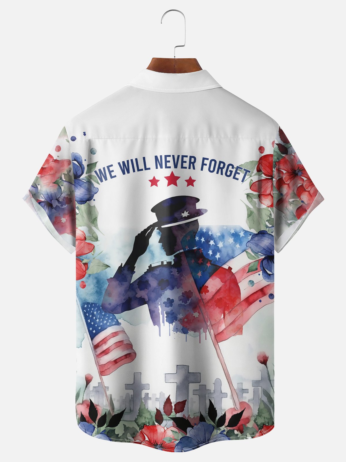 Moisture-wicking Memorial Day American Flag Cross Flowers Chest Pocket Casual Shirt