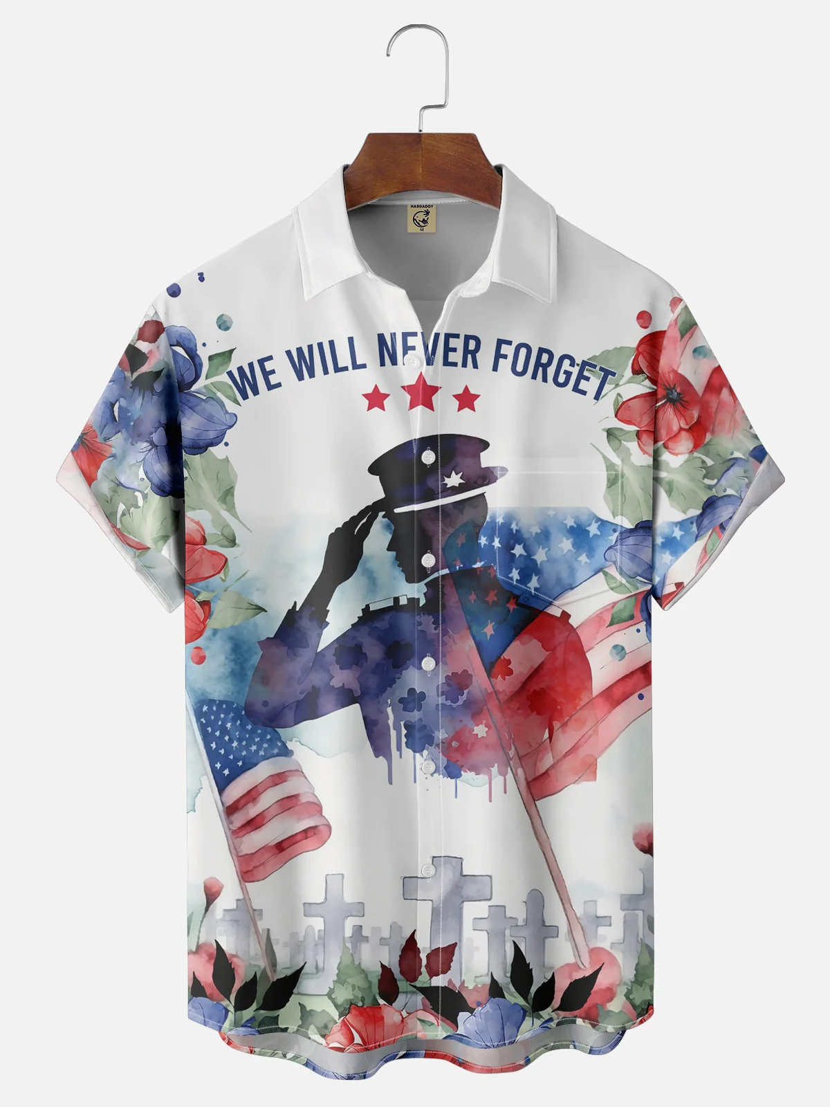 Moisture-wicking Memorial Day American Flag Cross Flowers Chest Pocket Casual Shirt