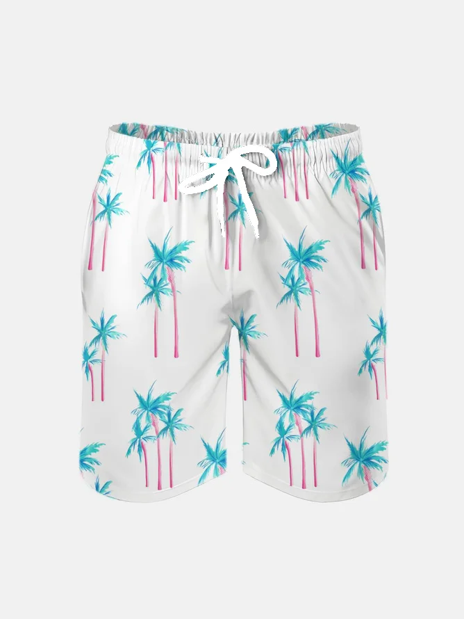Men's Swim Trunks Hawaiian Tropical Palm Tree Beach Shorts with Pockets