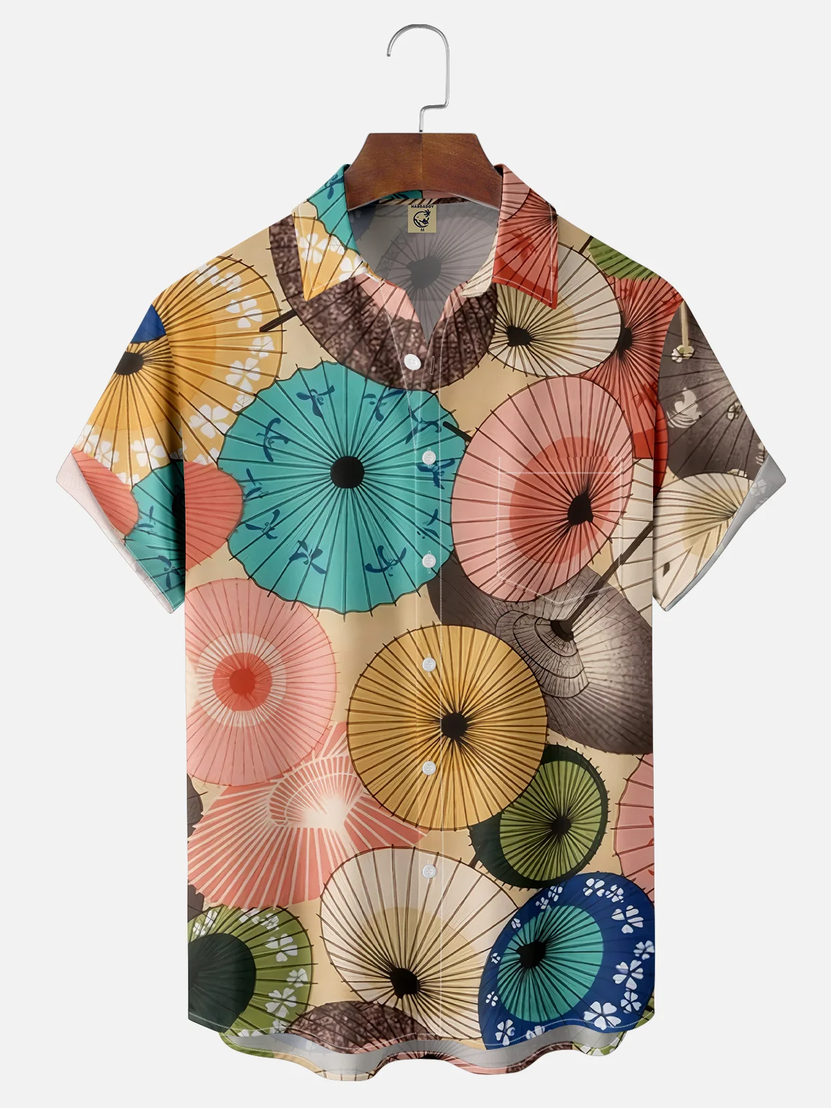 Moisture-wicking Vintage Japanese Umbrella Art Chest Pocket Casual Shirt