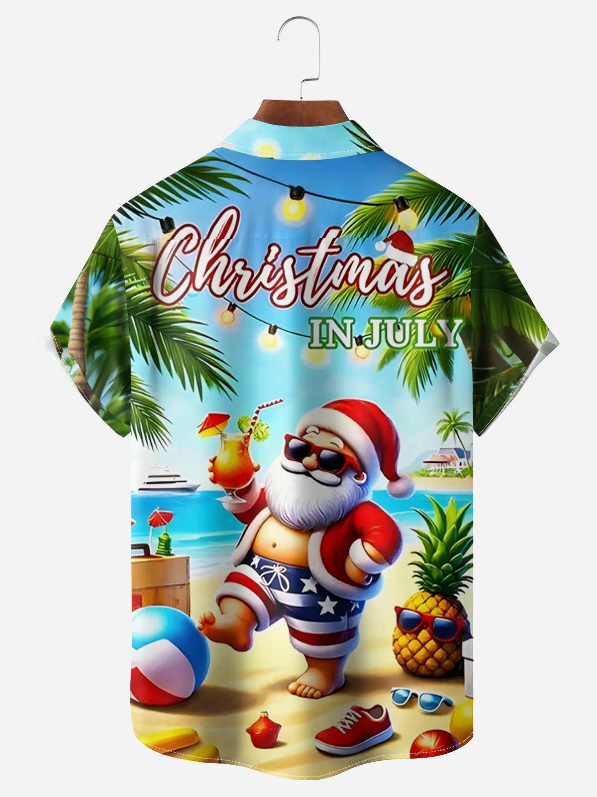 Moisture Wicking Christmas in July Santa Chest Pocket Hawaiian Shirt