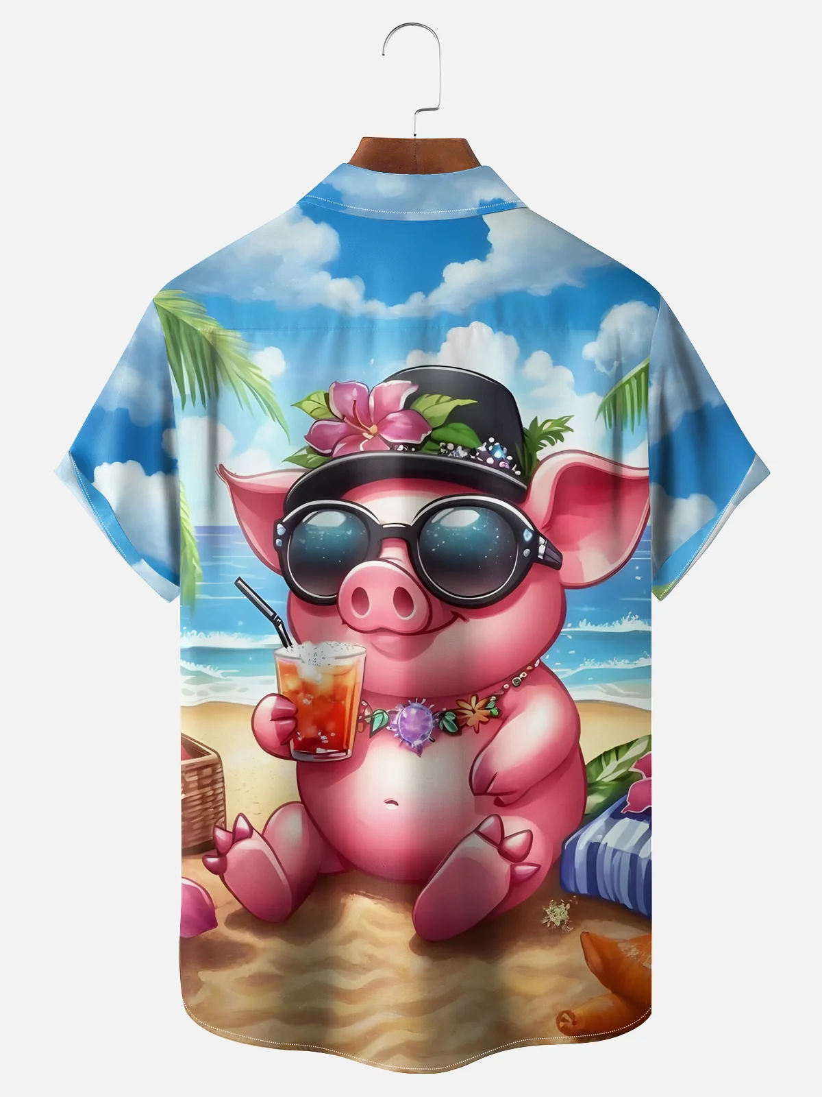 Moisture-wicking Piggy on Vacation Chest Pocket Hawaiian Shirt