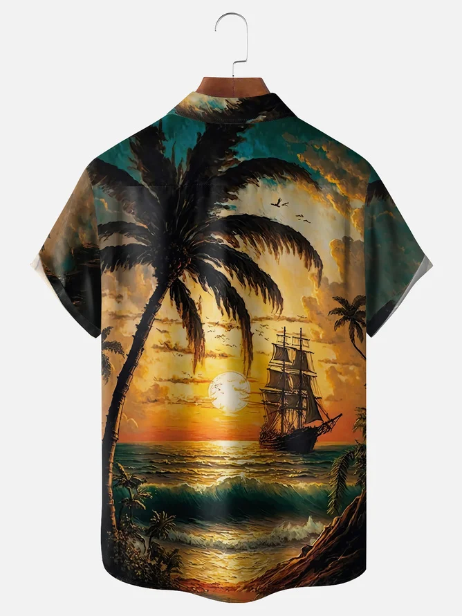 Tall Size Moisture-wicking Palm Tree Sailing Boat Chest Pocket Hawaiian Shirt