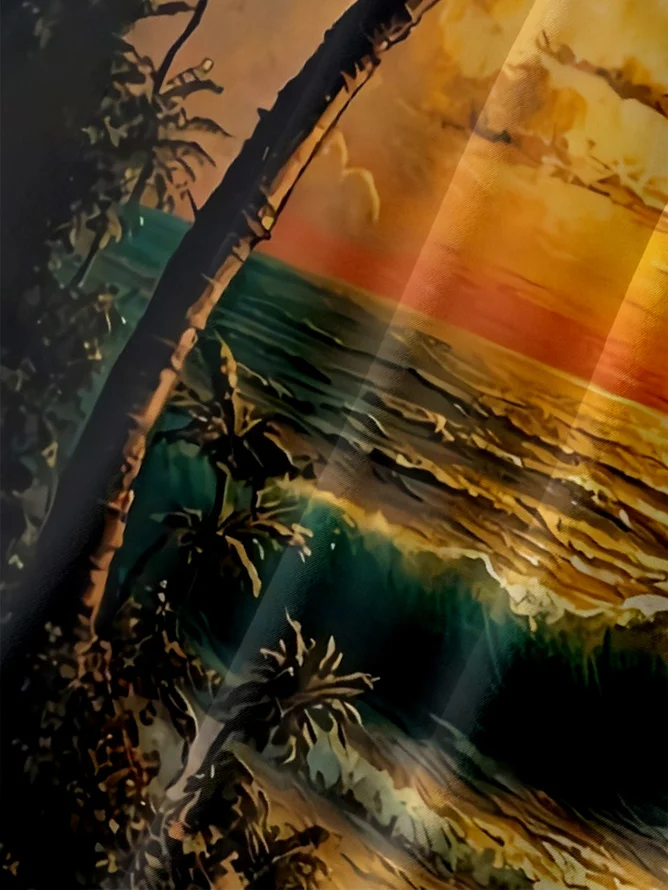 Tall Size Moisture-wicking Palm Tree Sailing Boat Chest Pocket Hawaiian Shirt