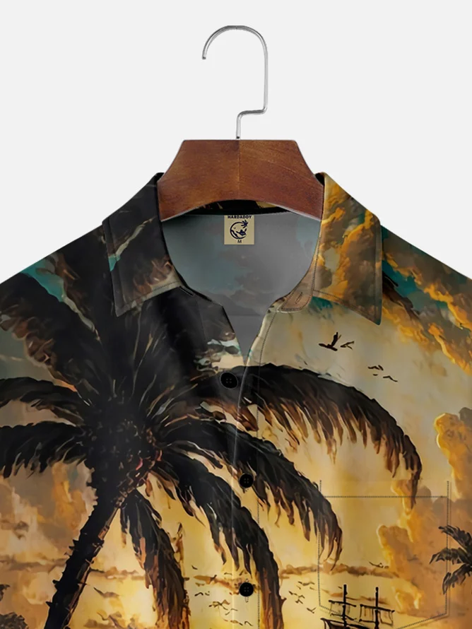 Tall Size Moisture-wicking Palm Tree Sailing Boat Chest Pocket Hawaiian Shirt