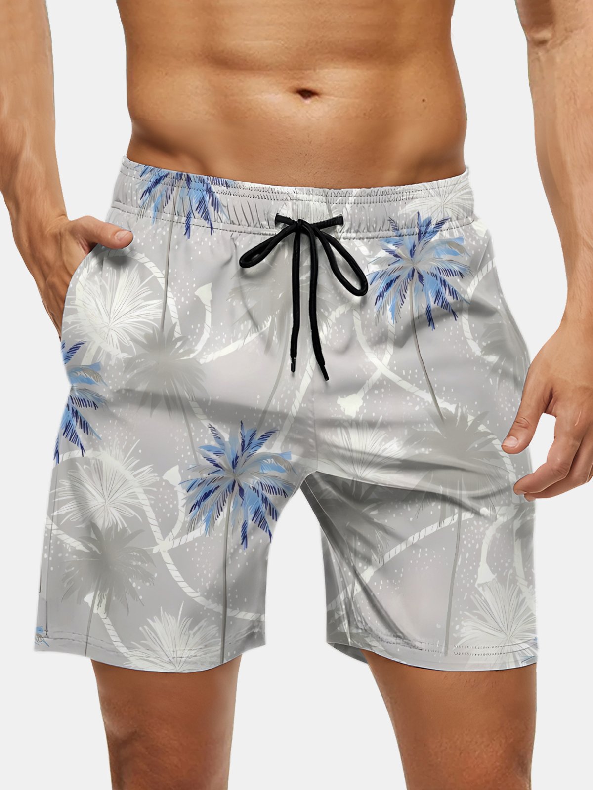 Men's Swim Trunks Hawaiian Tropical Palm Tree Beach Shorts with Pockets